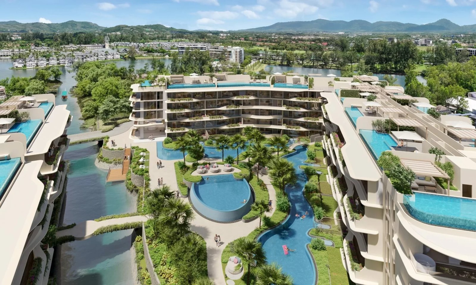 Laguna Bayside — aerial view of the freeform pool and low-rise buildings